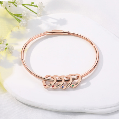 Personalized Heart Charm Bangle Bracelet with 4 Birthstones Engraved Names