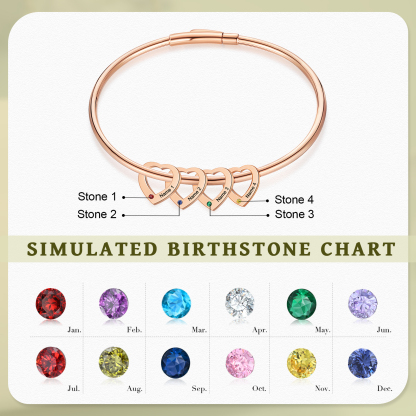 Personalized Heart Charm Bangle Bracelet with 4 Birthstones Engraved Names