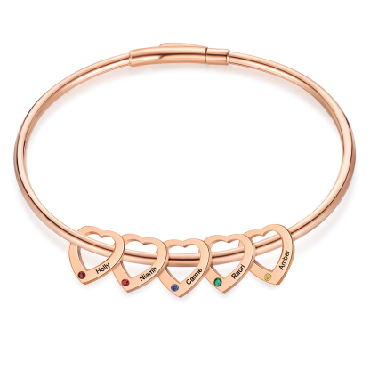 Personalized Heart Charm Bangle Bracelet with 2 Birthstones Engraved Names