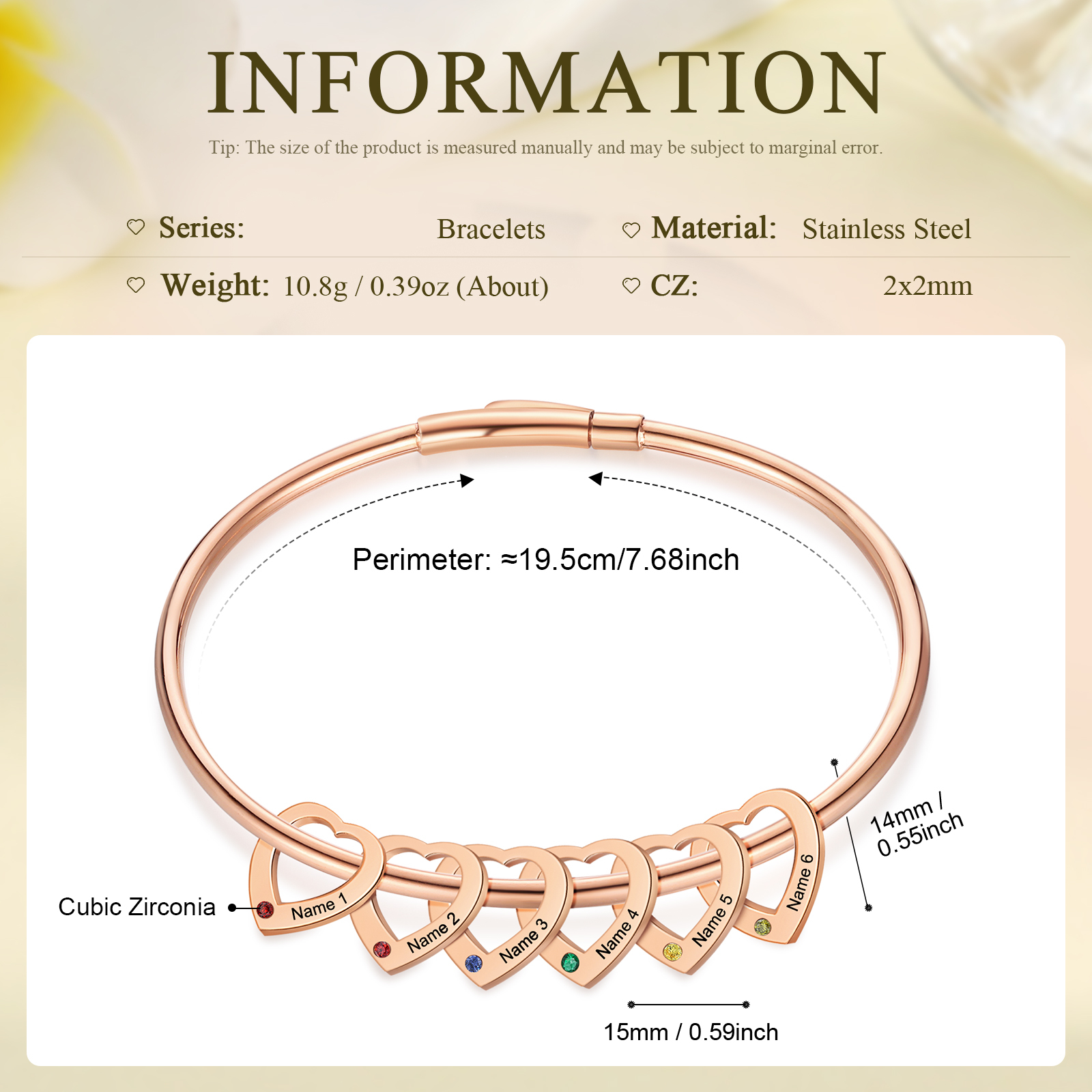 Personalized Heart Charm Bangle Bracelet with 6 Birthstones Engraved Names