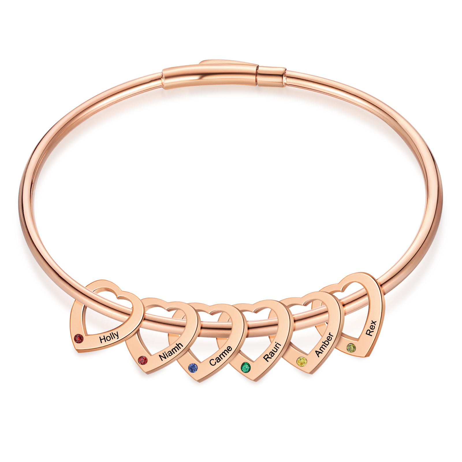 Personalized Heart Charm Bangle Bracelet with 2 Birthstones Engraved Names