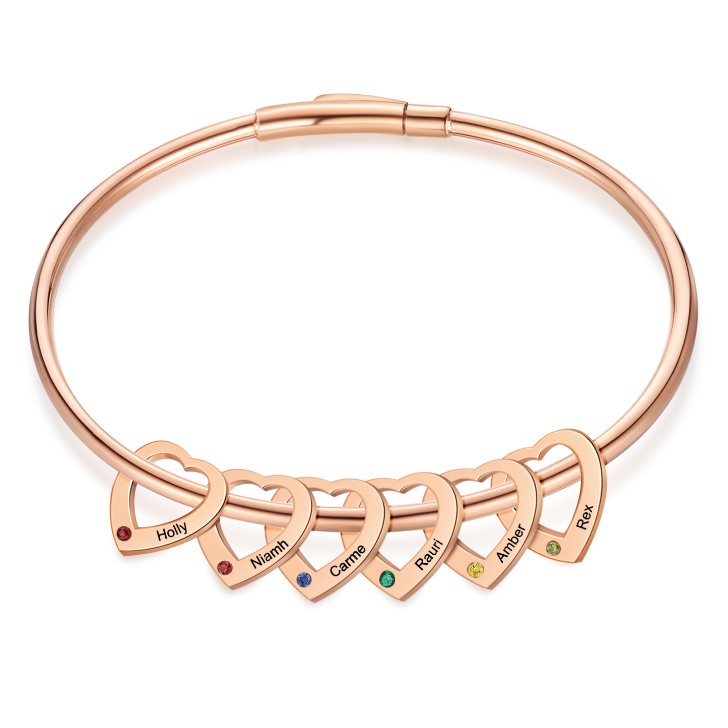 Personalized Heart Charm Bangle Bracelet with 2 Birthstones Engraved Names