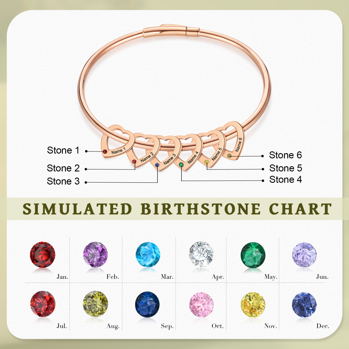Personalized Heart Charm Bangle Bracelet with 6 Birthstones Engraved Names