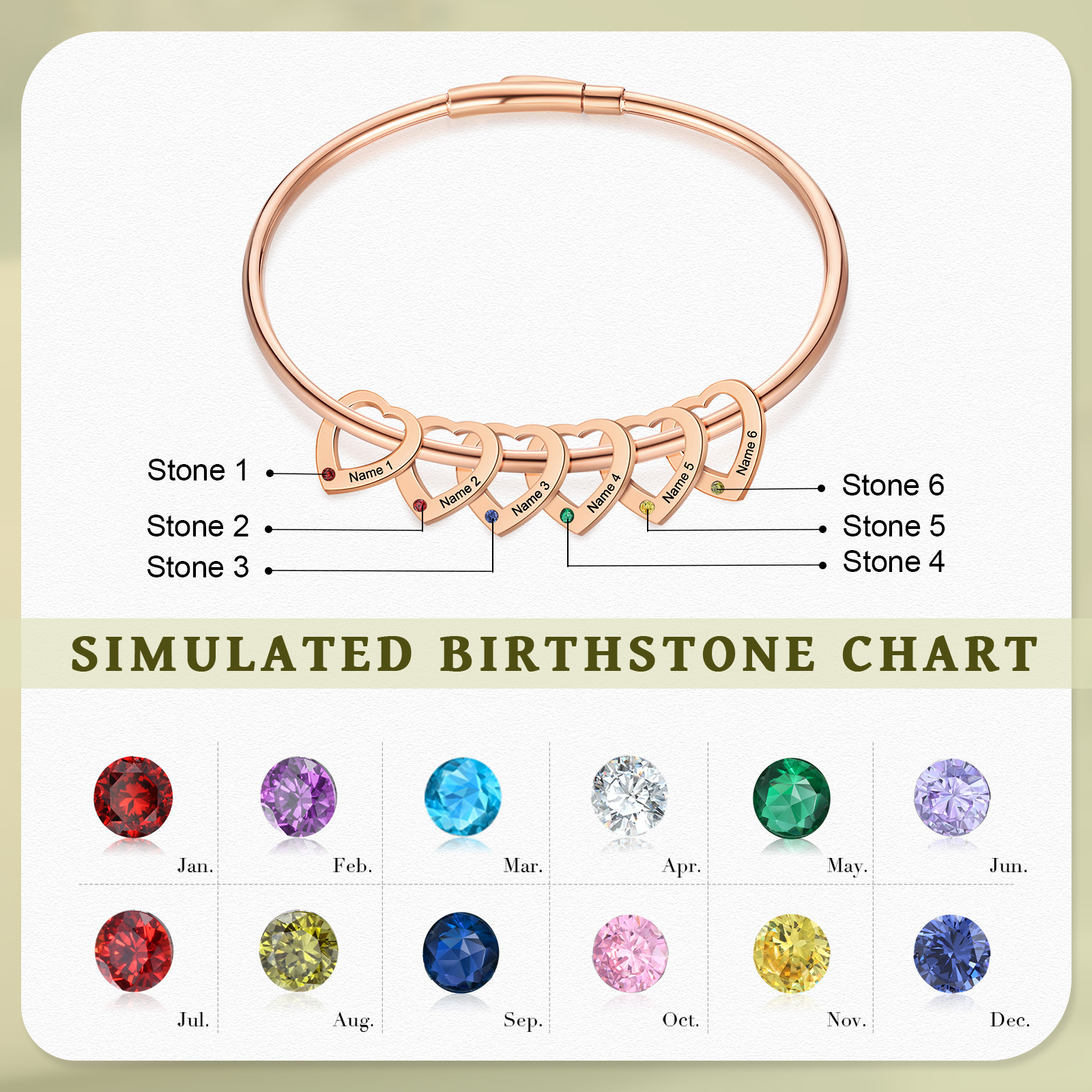Personalized Heart Charm Bangle Bracelet with 6 Birthstones Engraved Names