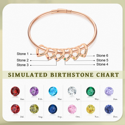 Personalized Heart Charm Bangle Bracelet with 6 Birthstones Engraved Names