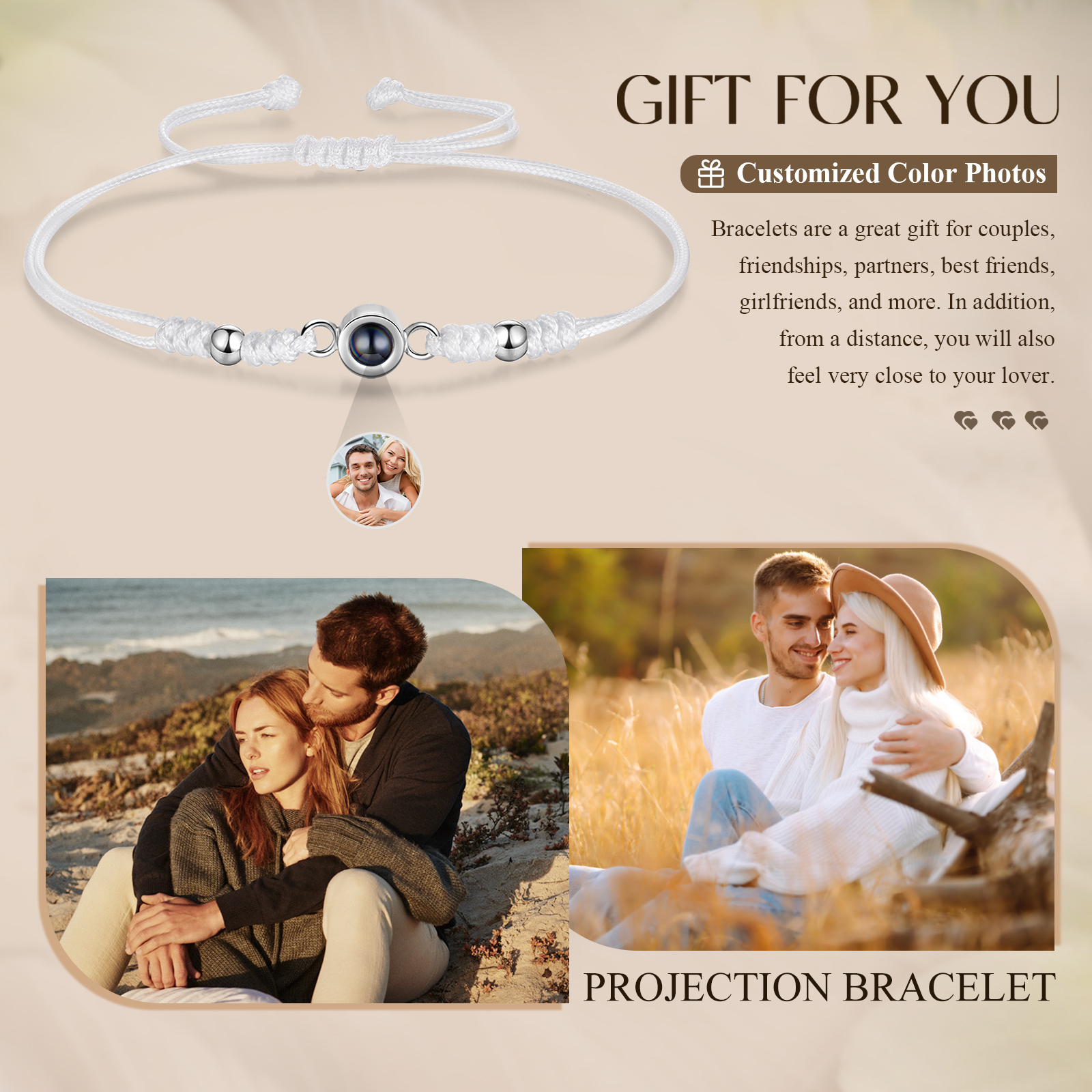 Personalized Projection Bracelet for Couples Custom Photo & Adjustable Leather Bracelet Available in Black White or Two-Piece Set