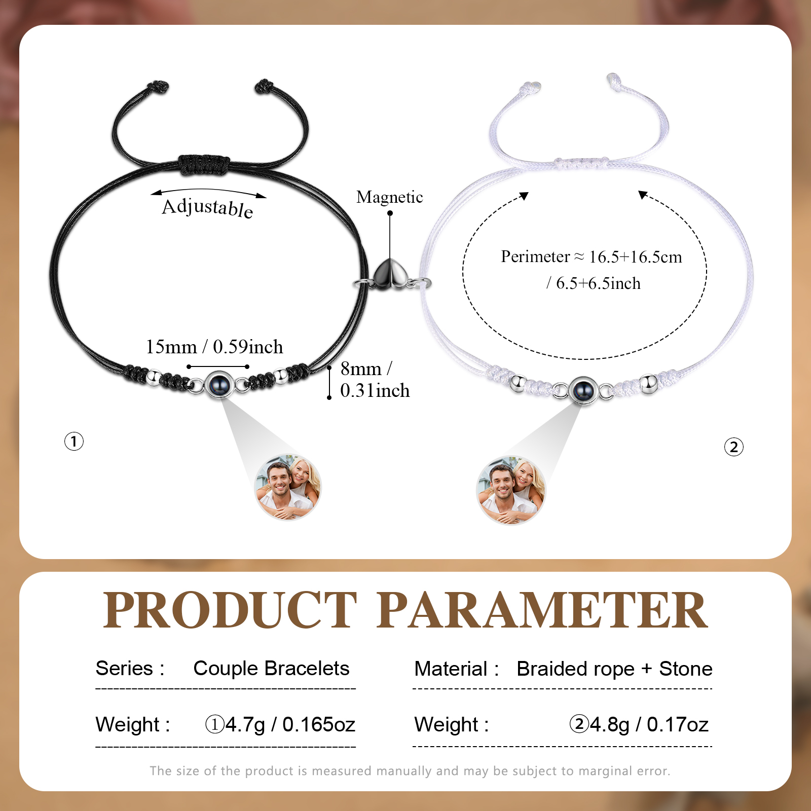 Personalized Projection Bracelet for Couples Custom Photo & Adjustable Leather Bracelet Available in Black White or Two-Piece Set