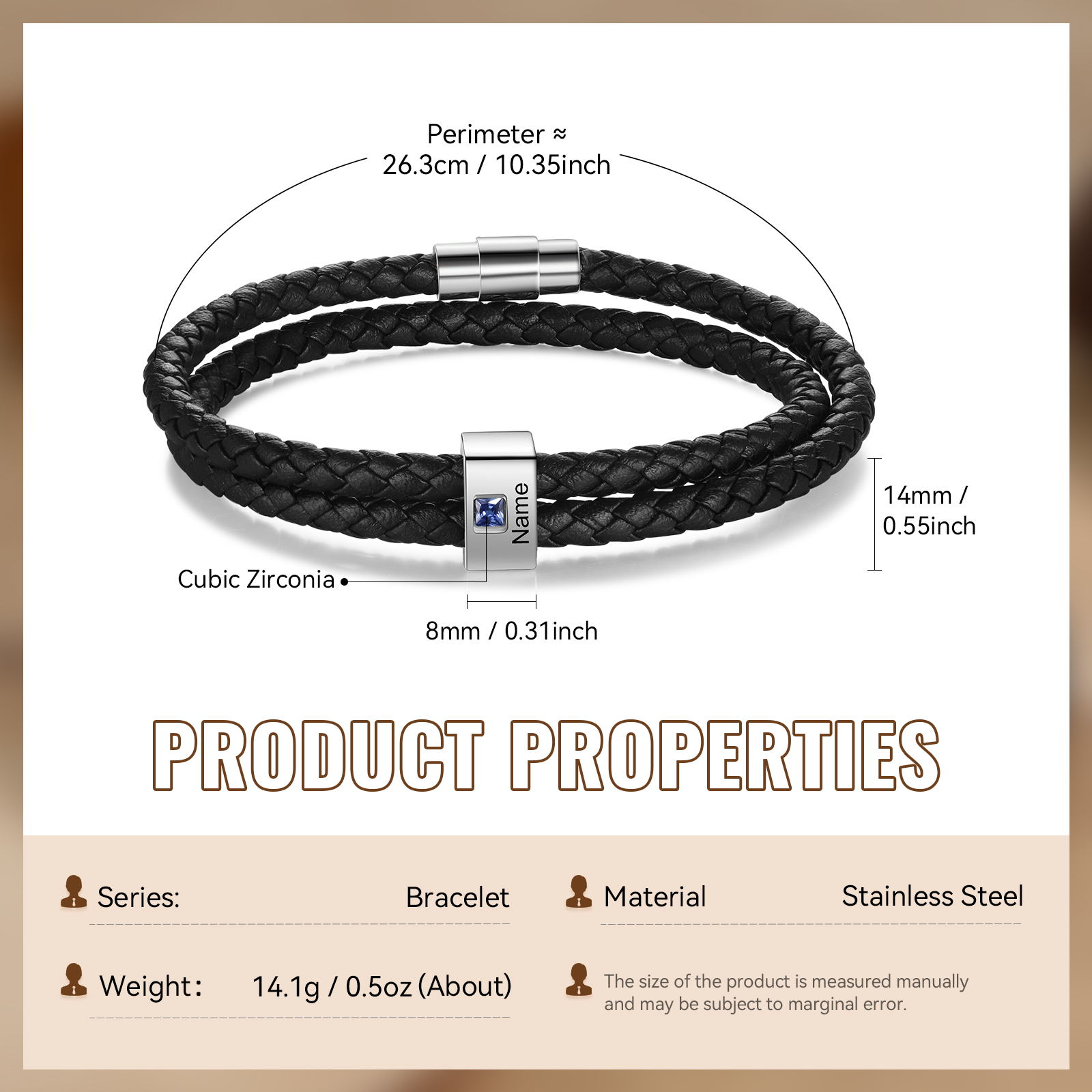 Personalized Leather Men Bracelet with 1 Name & 1 Stone A Thoughtful Gift for Him