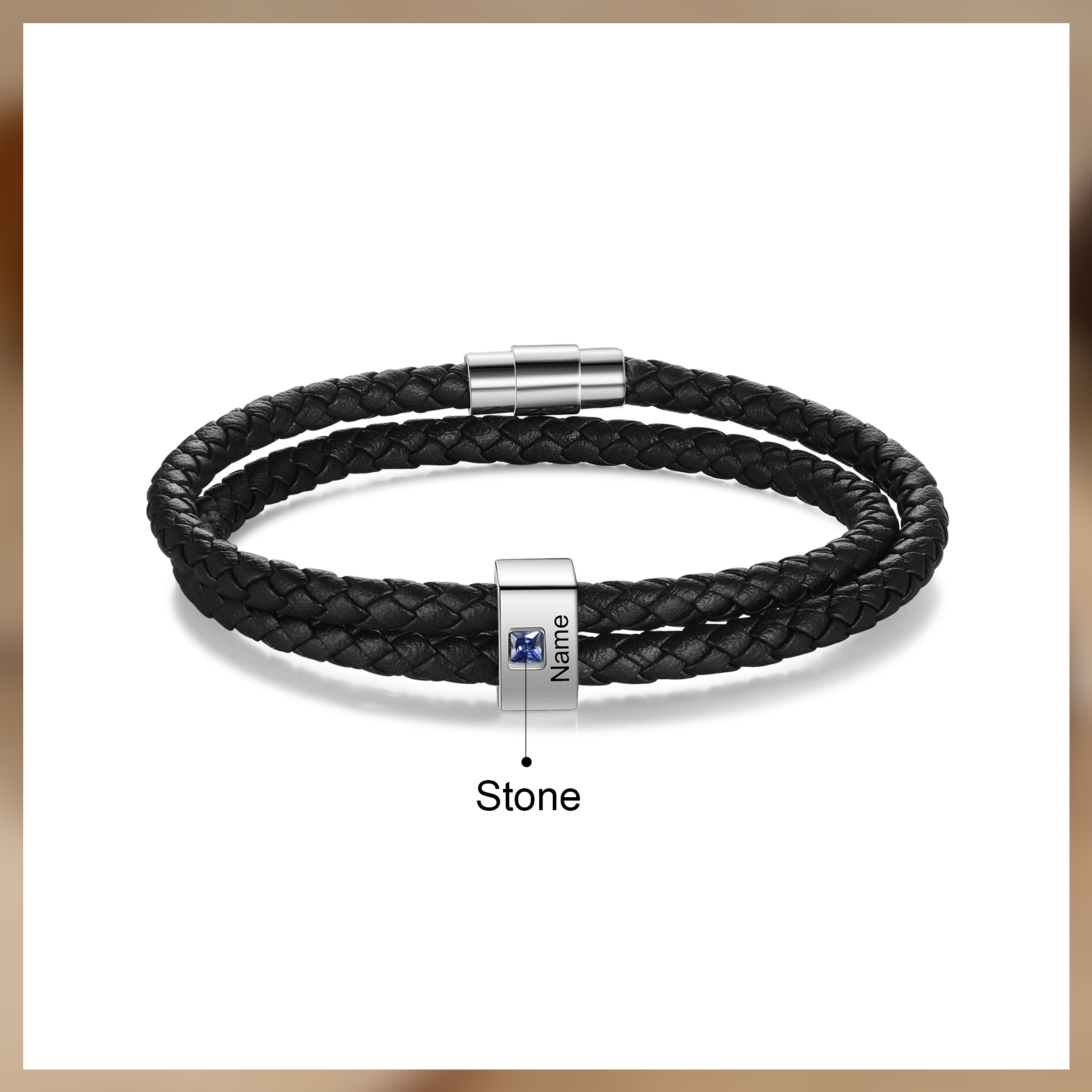 Personalized Leather Men Bracelet with 1 Name & 1 Stone A Thoughtful Gift for Him