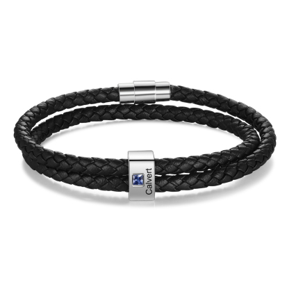 Personalized Leather Men Bracelet with 1 Name & 1 Stone A Thoughtful Gift for Him