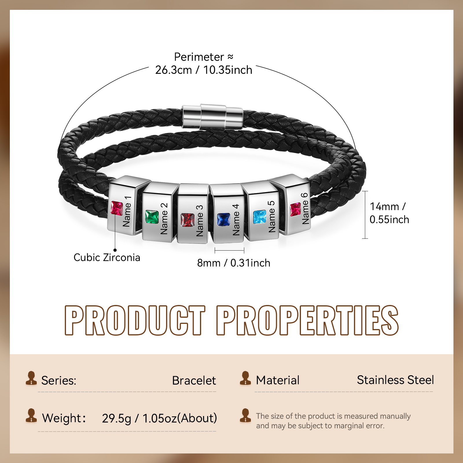 Personalized Leather Men Bracelet with 6 Names & 6 Stones A Thoughtful Gift for Him