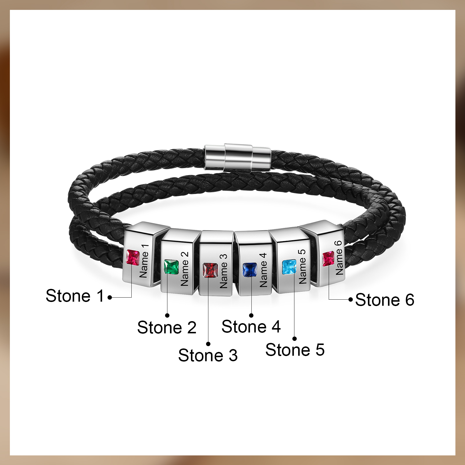 Personalized Leather Men Bracelet with 6 Names & 6 Stones A Thoughtful Gift for Him