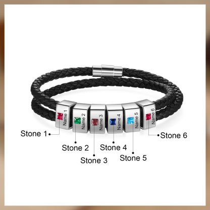 Personalized Leather Men Bracelet with 6 Names & 6 Stones A Thoughtful Gift for Him