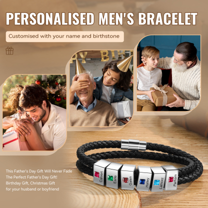 Personalized Leather Men Bracelet with 6 Names & 6 Stones A Thoughtful Gift for Him