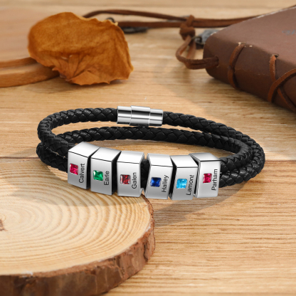 Personalized Leather Men Bracelet with 6 Names & 6 Stones A Thoughtful Gift for Him