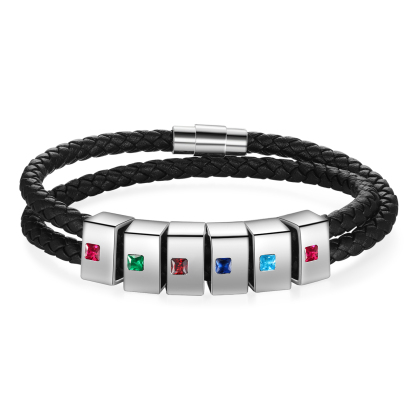 Personalized Leather Men Bracelet with 6 Names & 6 Stones A Thoughtful Gift for Him