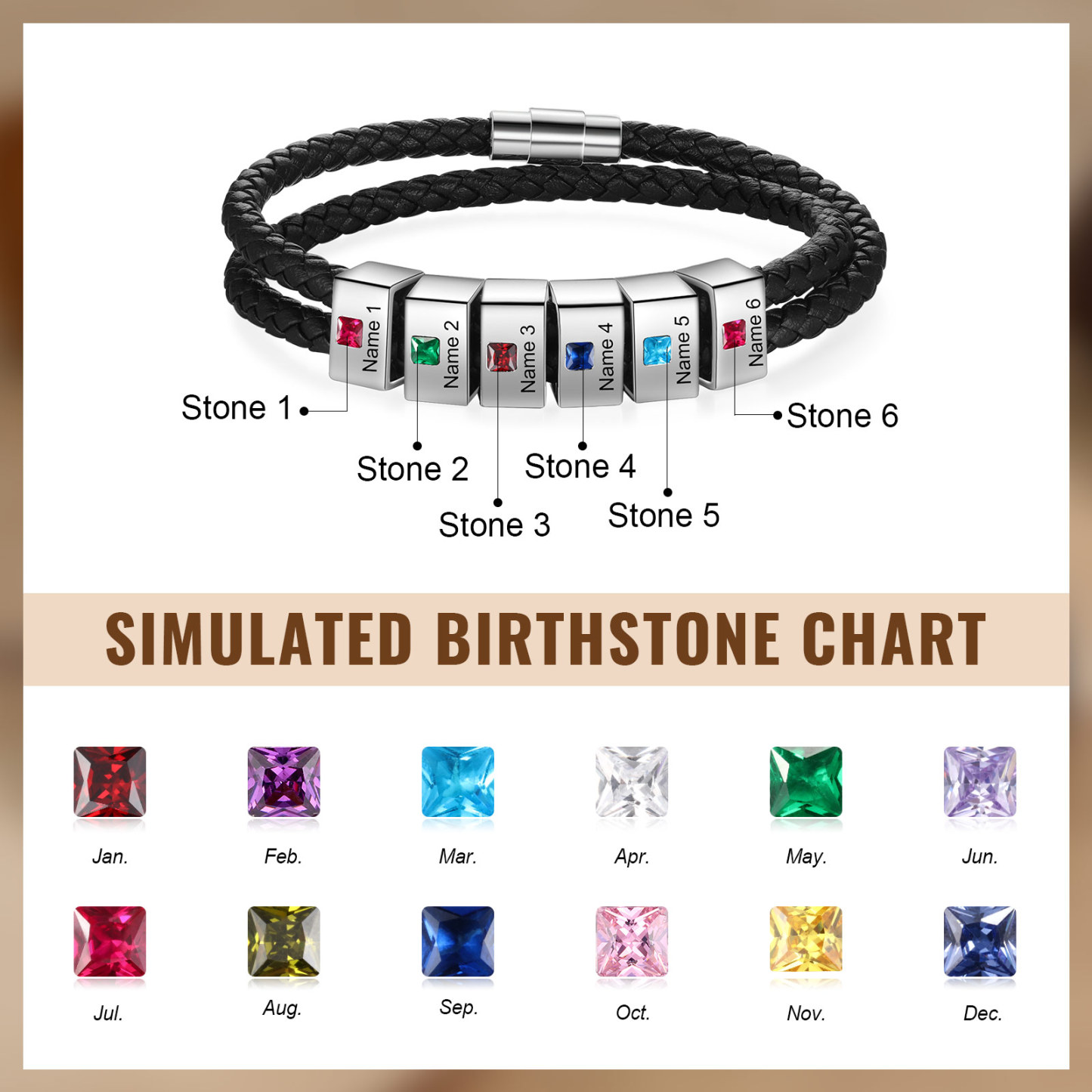 Personalized Leather Men Bracelet with 6 Names & 6 Stones A Thoughtful Gift for Him