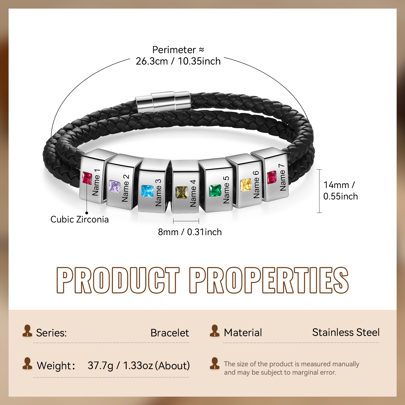 Personalized Leather Men Bracelet with 7 Names & 7 Stones A Thoughtful Gift for Him