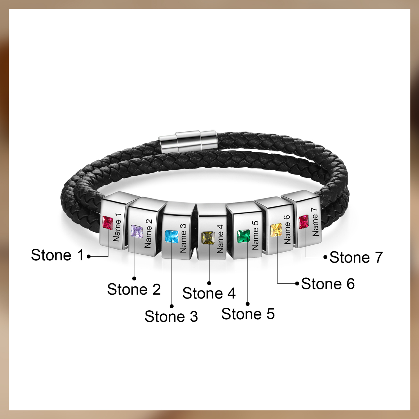 Personalized Leather Men Bracelet with 7 Names & 7 Stones A Thoughtful Gift for Him