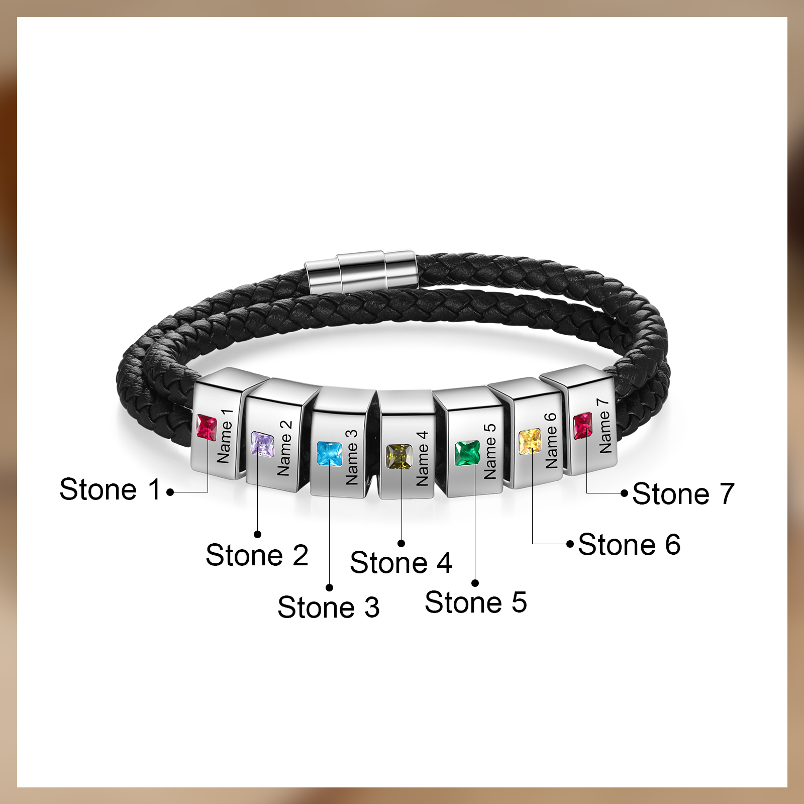 Personalized Leather Men Bracelet with 7 Names & 7 Stones A Thoughtful Gift for Him