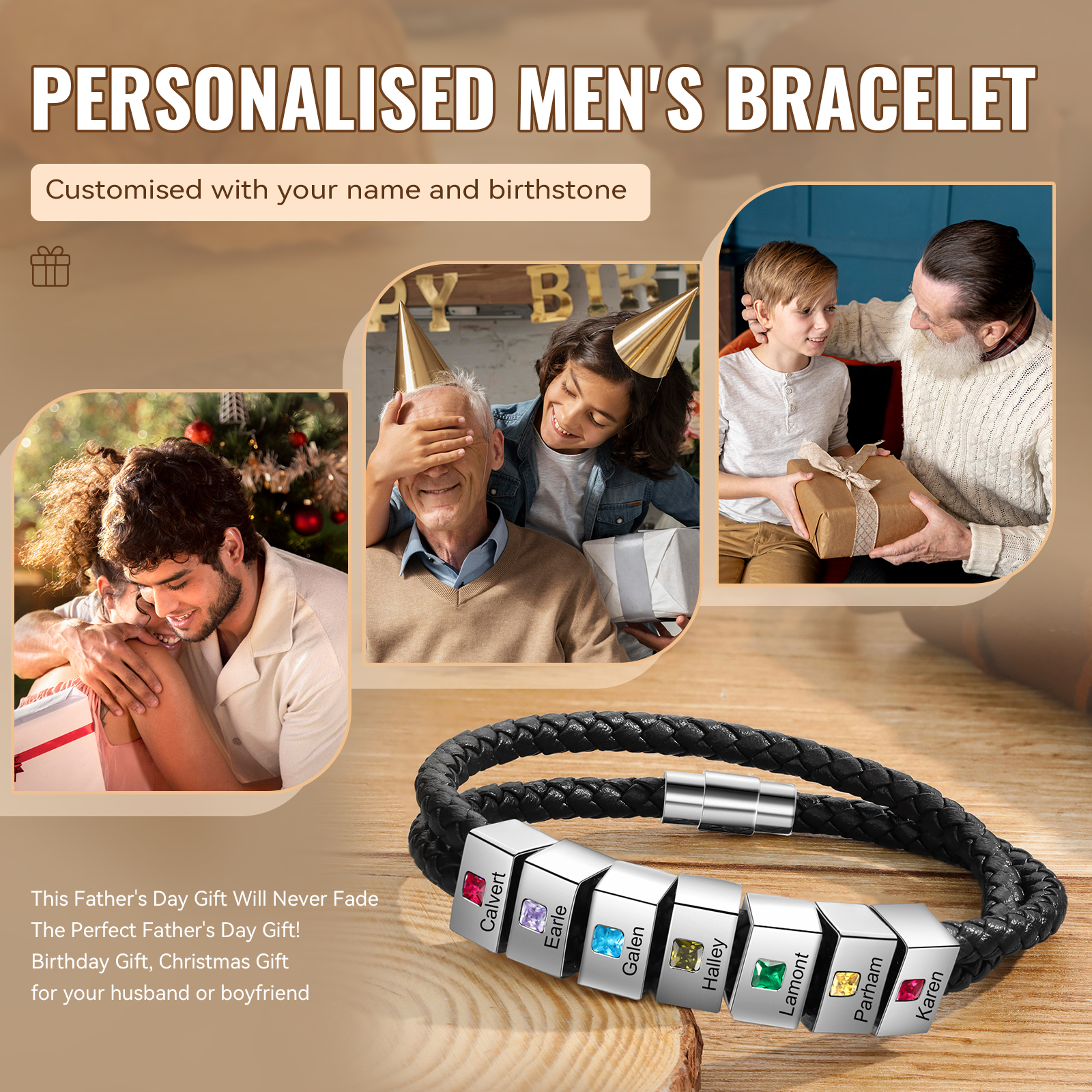 Personalized Leather Men Bracelet with 7 Names & 7 Stones A Thoughtful Gift for Him