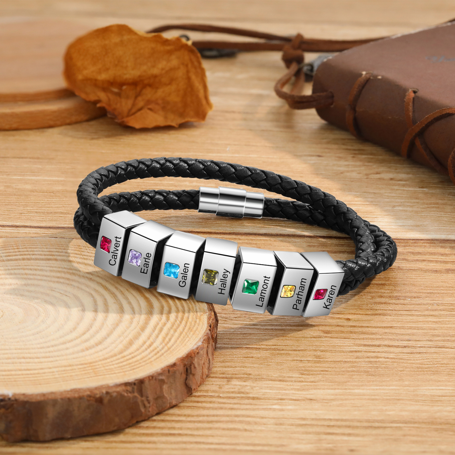 Personalized Leather Men Bracelet with 7 Names & 7 Stones A Thoughtful Gift for Him