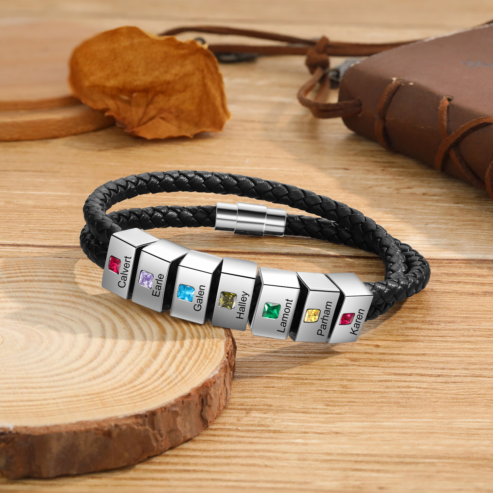 Personalized Leather Men Bracelet with 7 Names & 7 Stones A Thoughtful Gift for Him