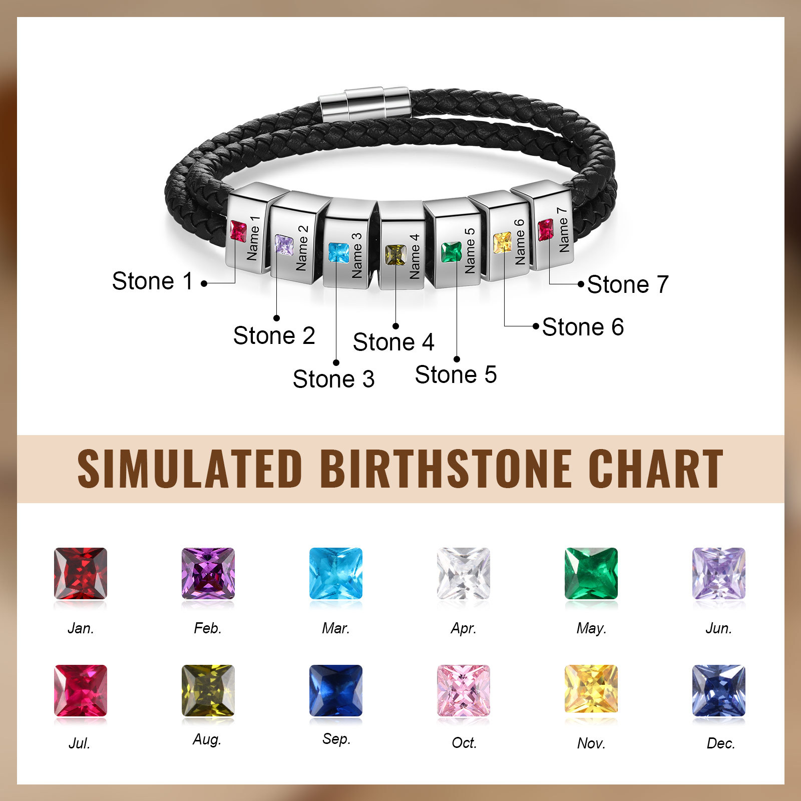 Personalized Leather Men Bracelet with 7 Names & 7 Stones A Thoughtful Gift for Him