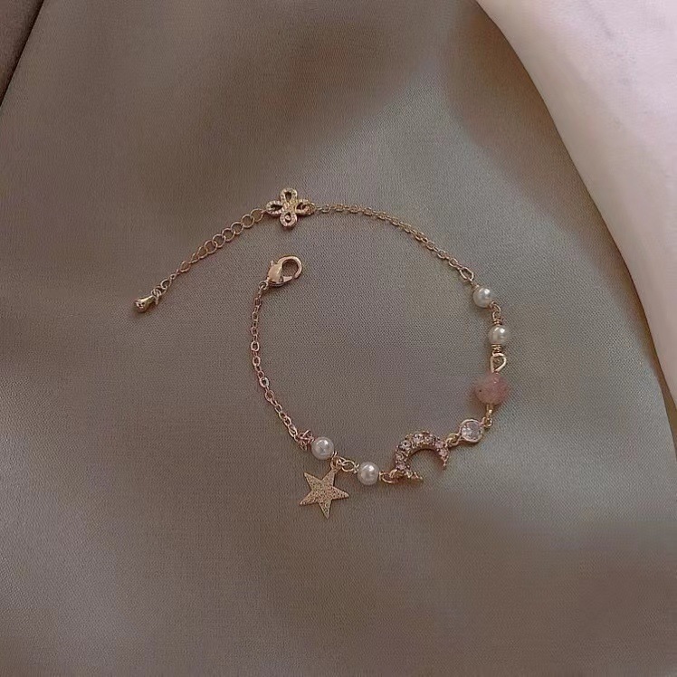 Moon and Star Charm Bracelet with Pearls Elegant Gift for Her