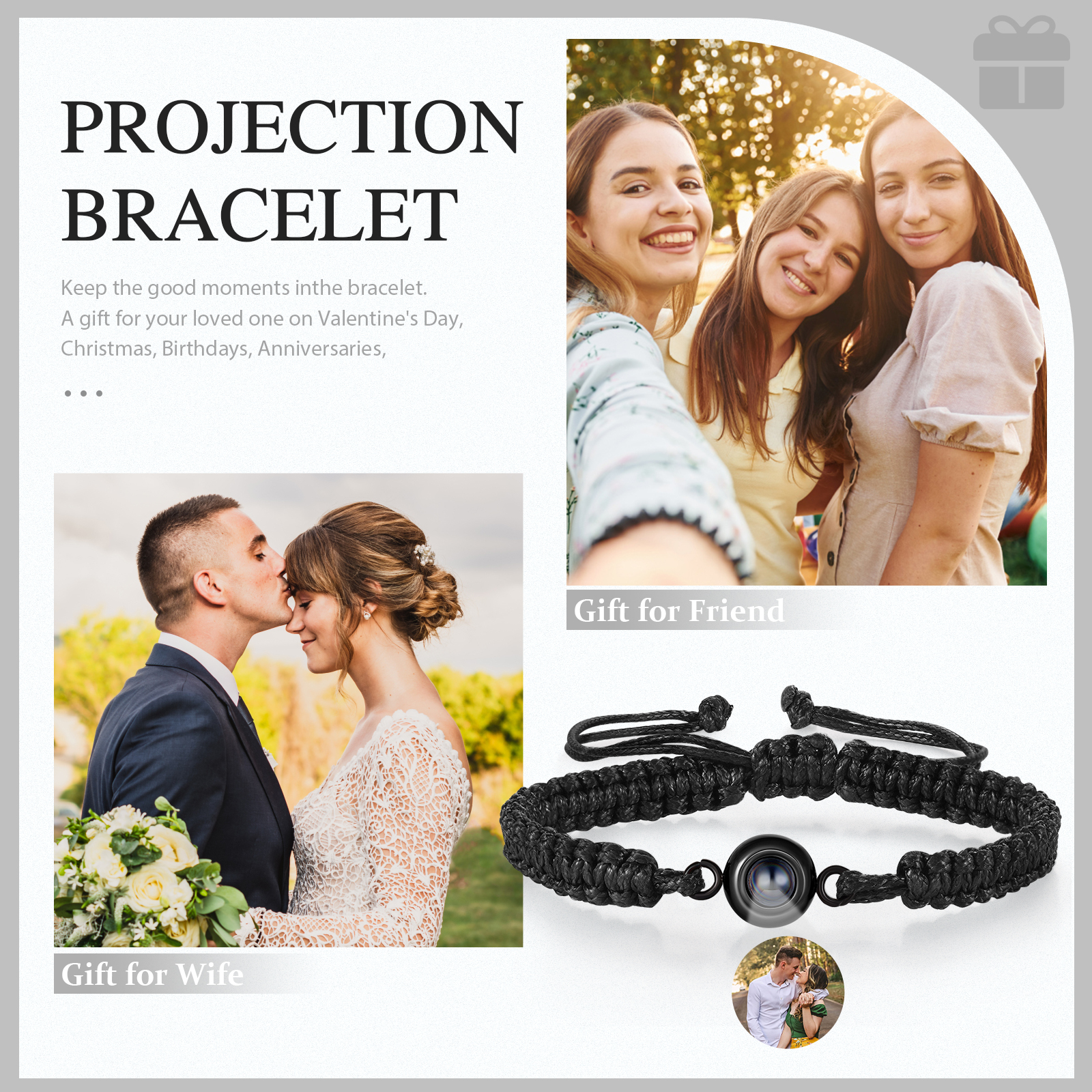 Personalized Projection Bracelet with 1 Photo Handmade Knitted Rope Braided Bracelet Customizable with 4 Special Photo Designs 4 Color Options Gift for Him & Her
