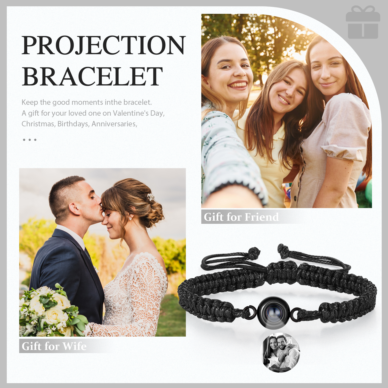 Personalized Projection Bracelet with 1 Photo Handmade Knitted Rope Braided Bracelet Customizable with 4 Special Photo Designs 4 Color Options Gift for Him & Her