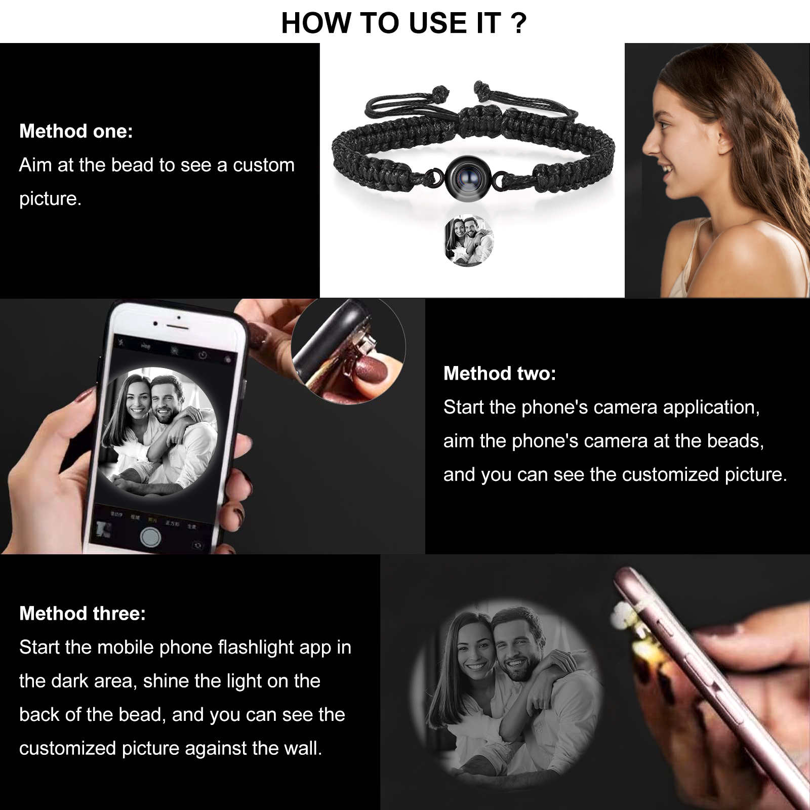 Personalized Projection Bracelet with 1 Photo Handmade Knitted Rope Braided Bracelet Customizable with 4 Special Photo Designs 4 Color Options Gift for Him & Her