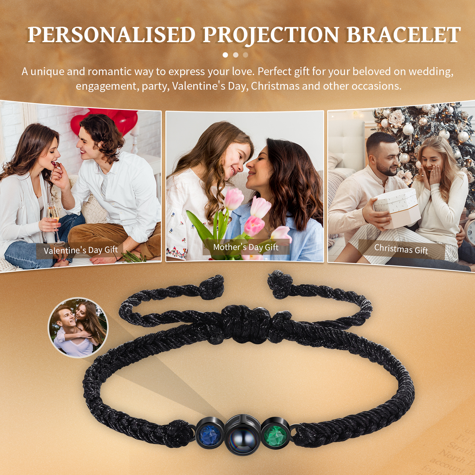 Personalized Photo Projection Bracelet Adjustable Braided Rope Bracelet 2 Birthstones A Heartfelt Gift for Her & Him