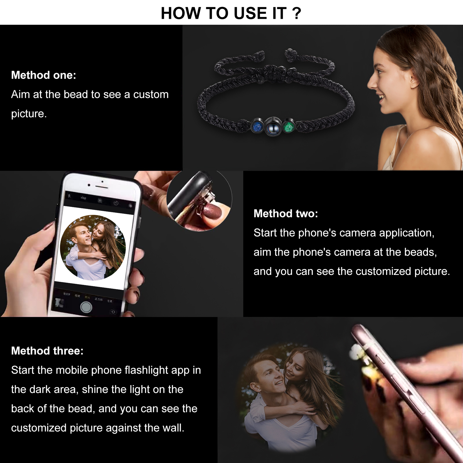 Personalized Photo Projection Bracelet Adjustable Braided Rope Bracelet 2 Birthstones A Heartfelt Gift for Her & Him