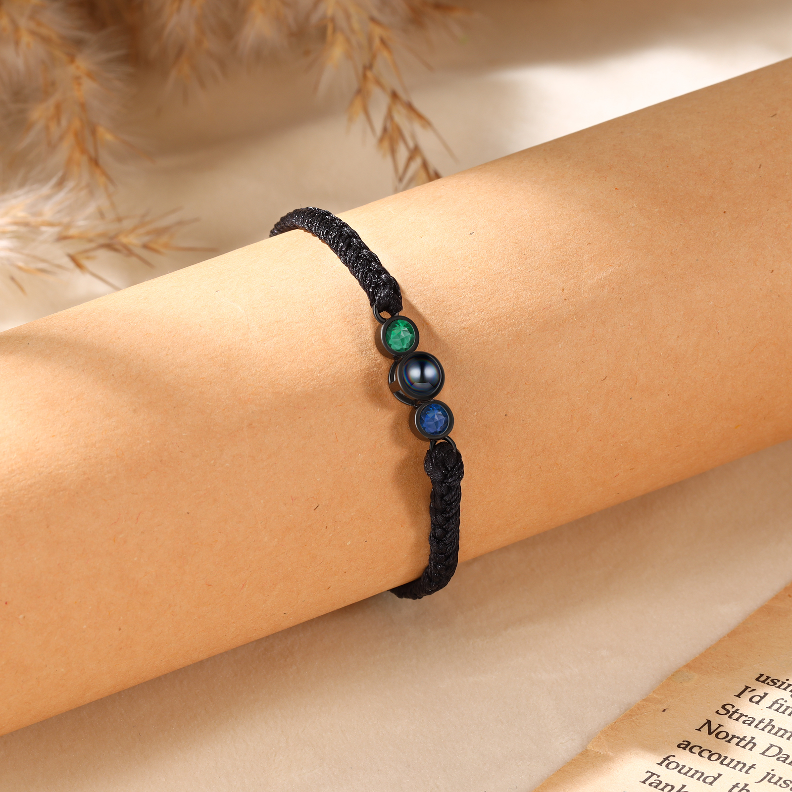 Personalized Photo Projection Bracelet Adjustable Braided Rope Bracelet 2 Birthstones A Heartfelt Gift for Her & Him