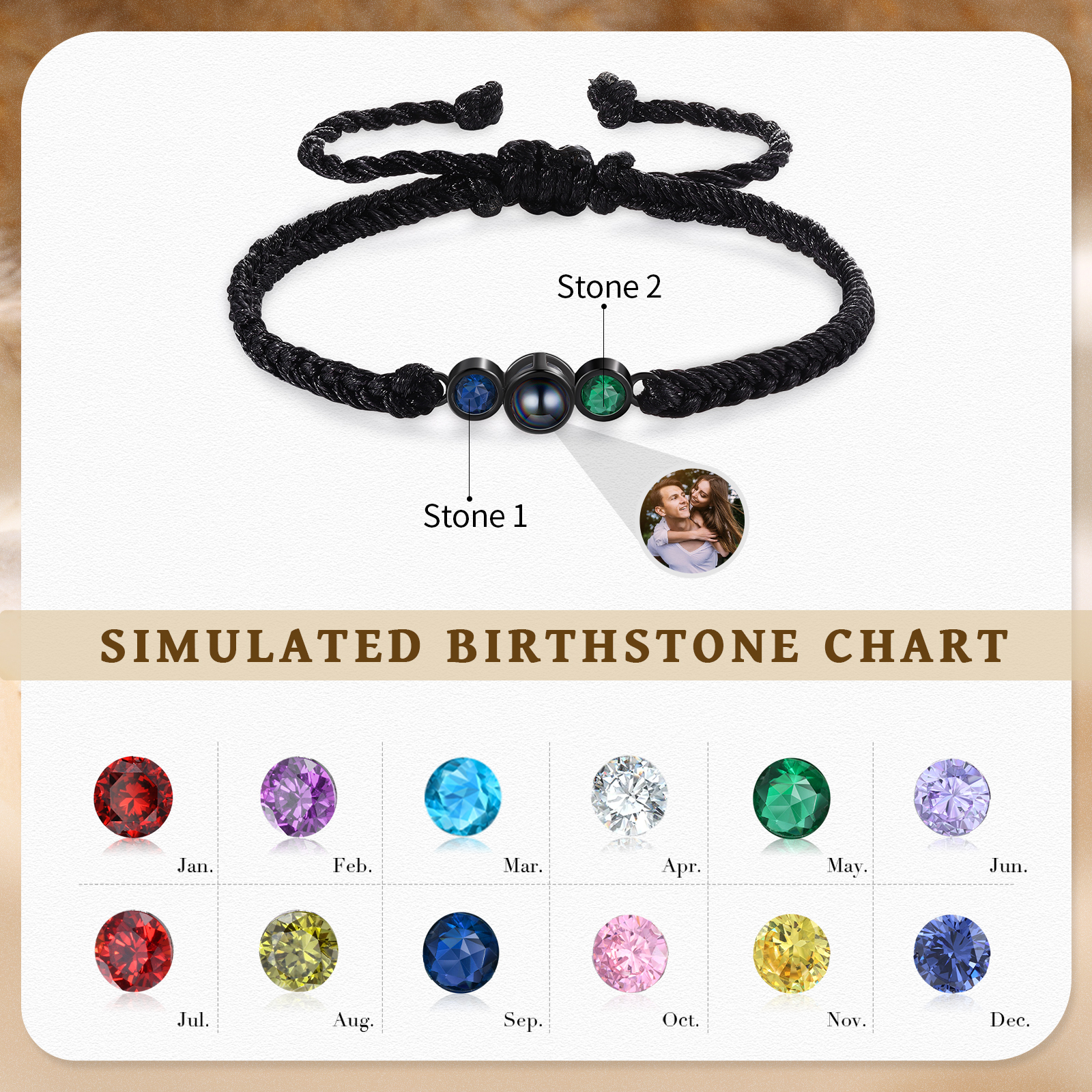Personalized Photo Projection Bracelet Adjustable Braided Rope Bracelet 2 Birthstones A Heartfelt Gift for Her & Him