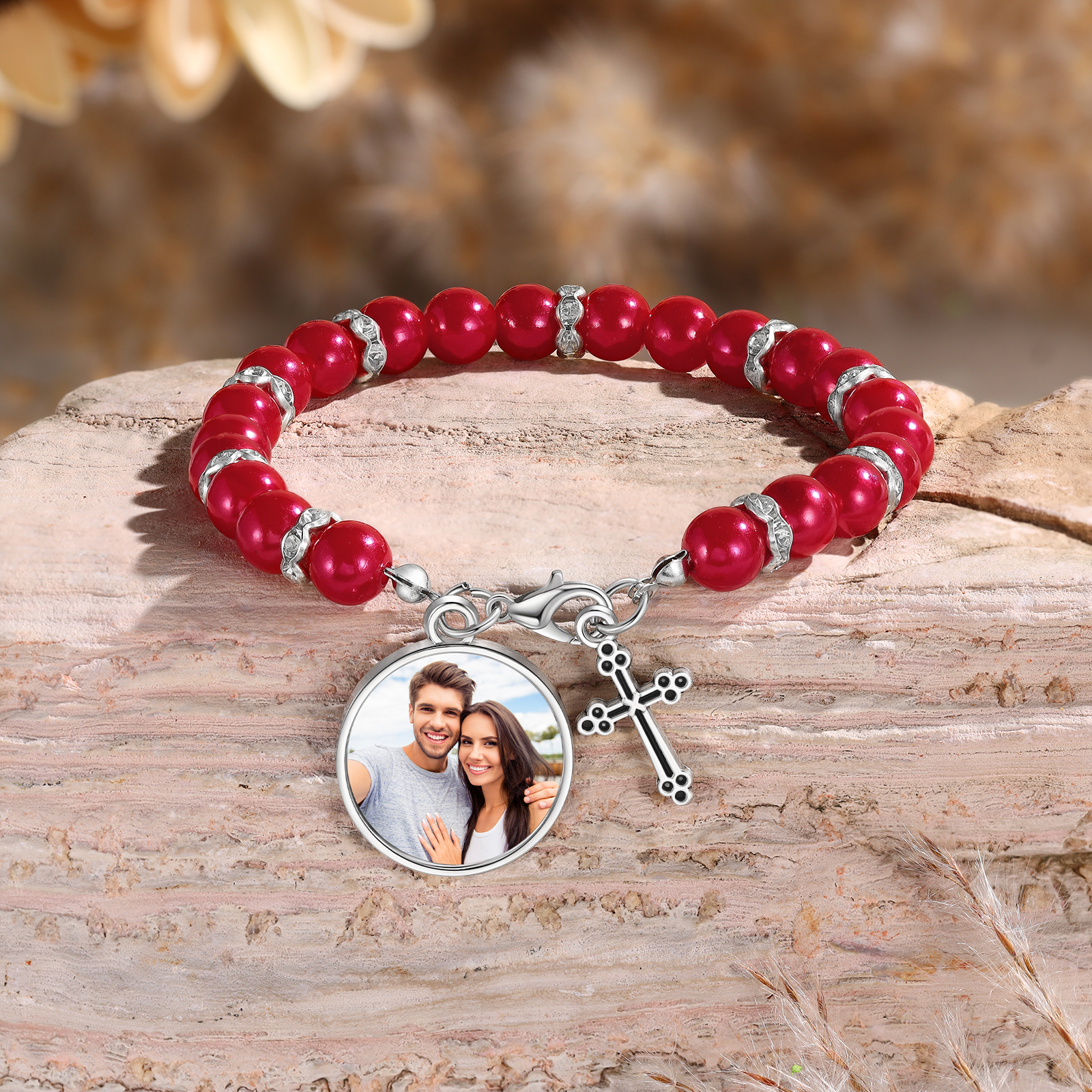Personalized Rosary Memorial Bracelet Custom with Photo and Cross Pendant