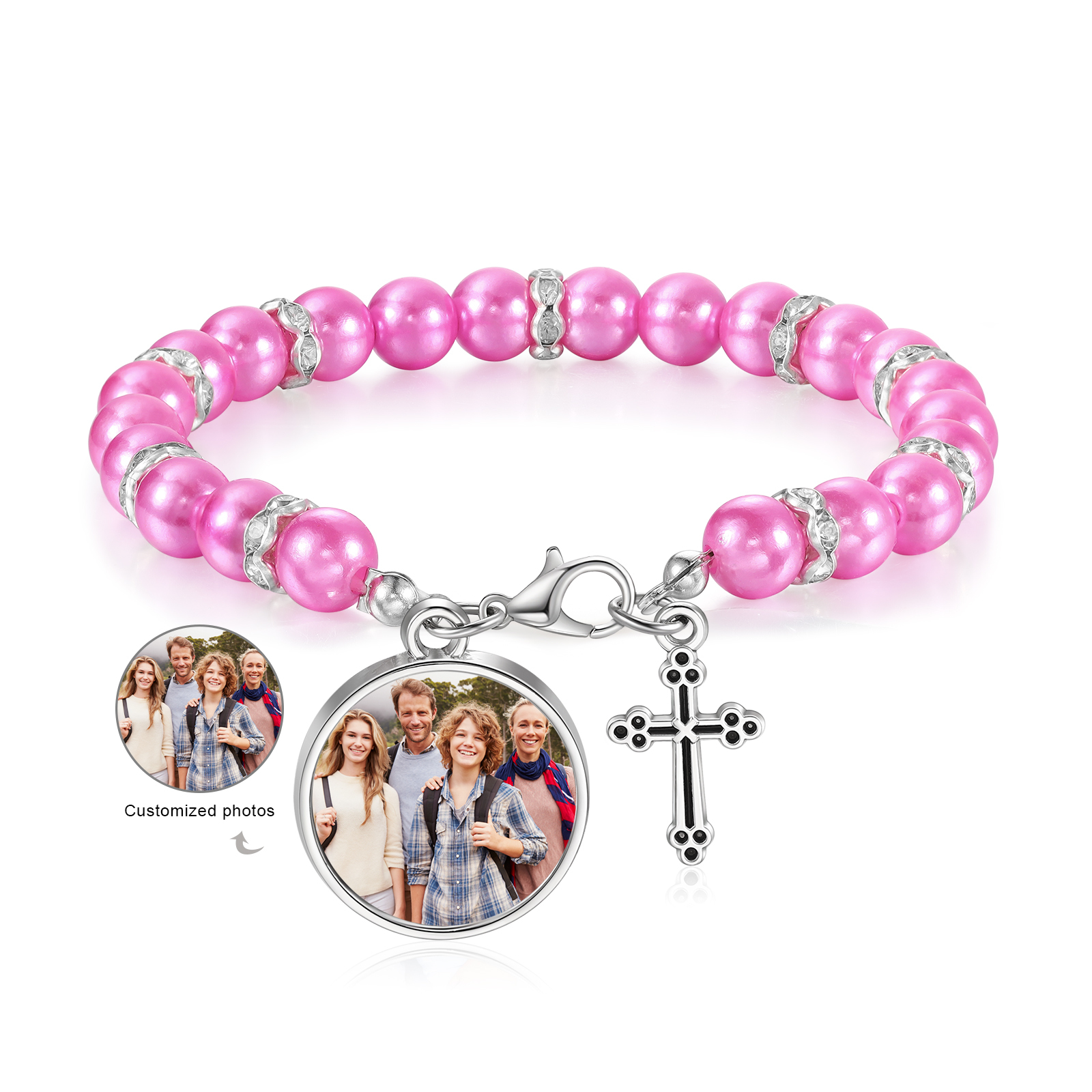 Personalized Rosary Memorial Bracelet Custom with Photo and Cross Pendant