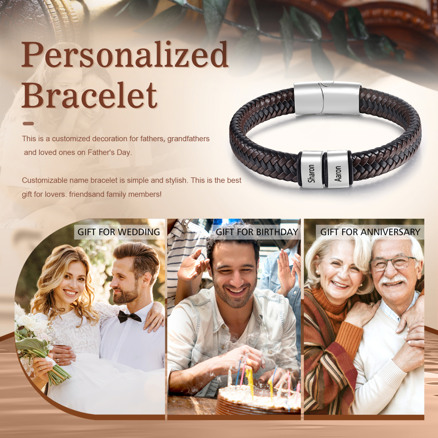 Personalized Leather Bracelets for Men Customizable with 1-5 Names