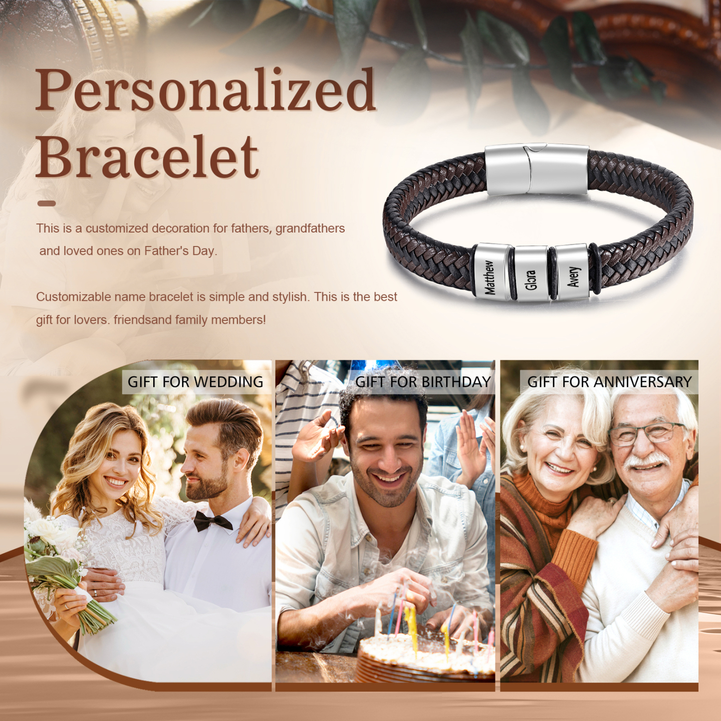 Personalized Leather Bracelets for Men Customizable with 1-5 Names