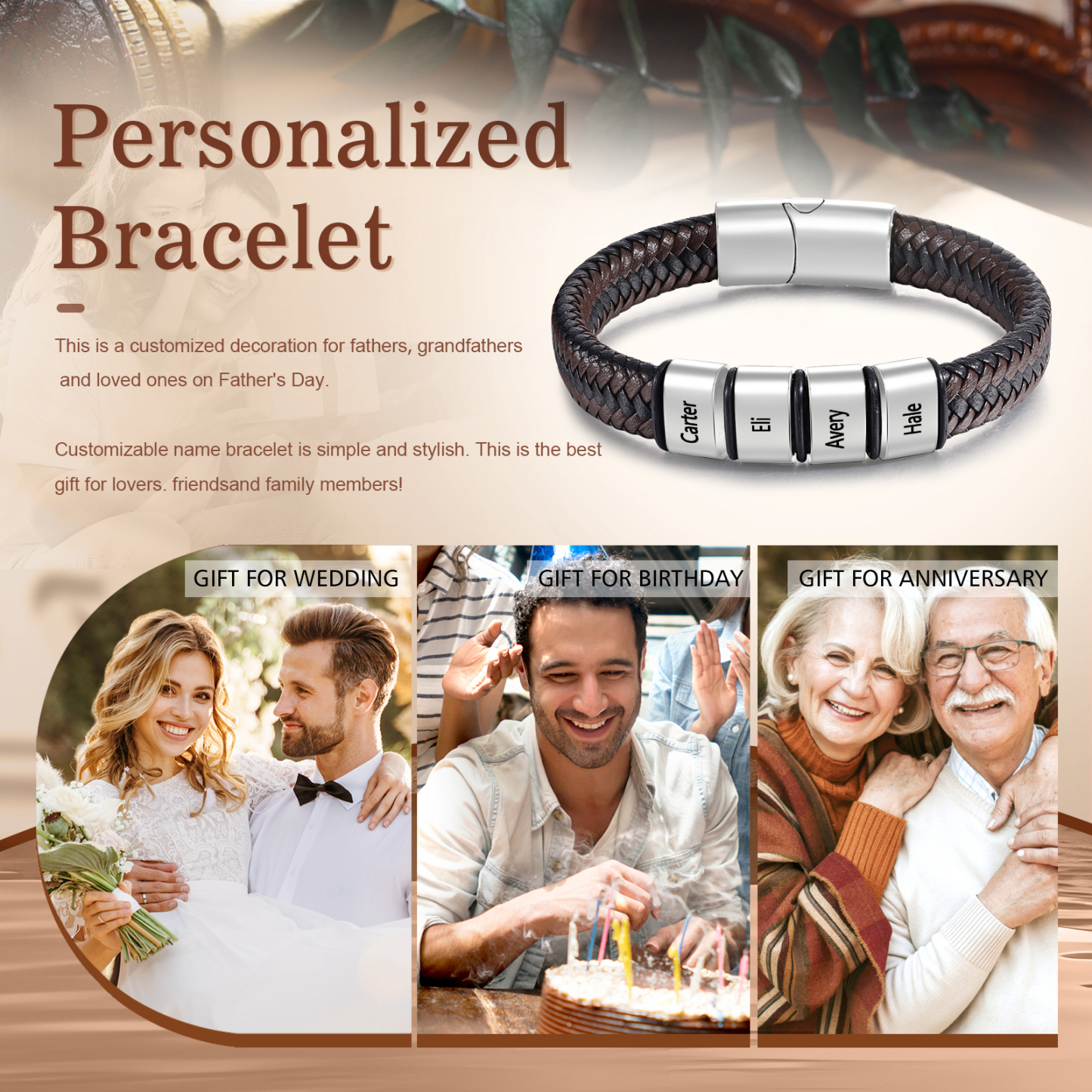 Personalized Leather Bracelets for Men Customizable with 1-5 Names