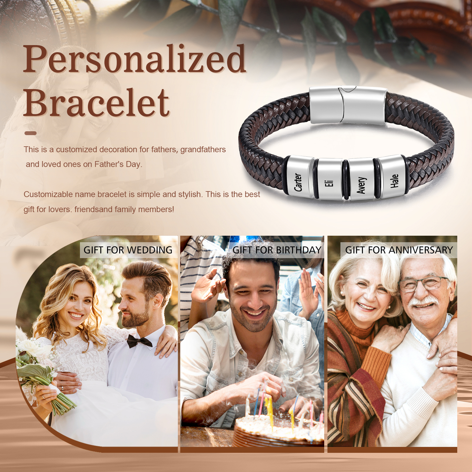 Personalized Leather Bracelets for Men Customizable with 1-5 Names