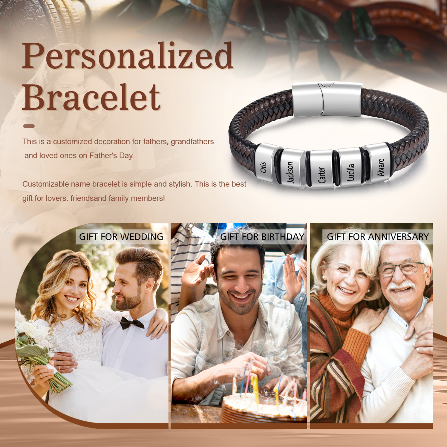 Personalized Leather Bracelets for Men Customizable with 1-5 Names