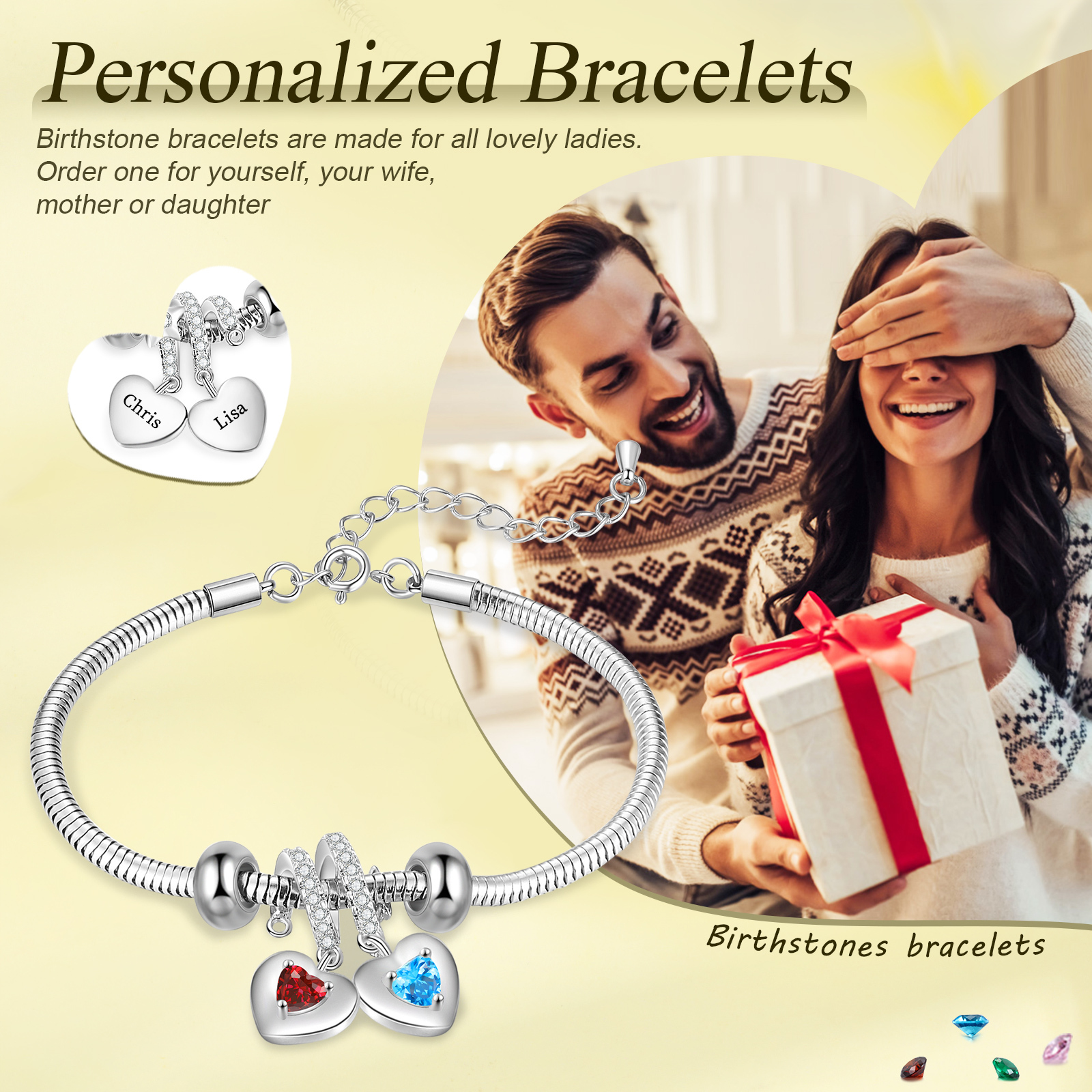 Personalized 2 Heart Birthstones Bracelet Adjustable Valentines Day Gift for Her