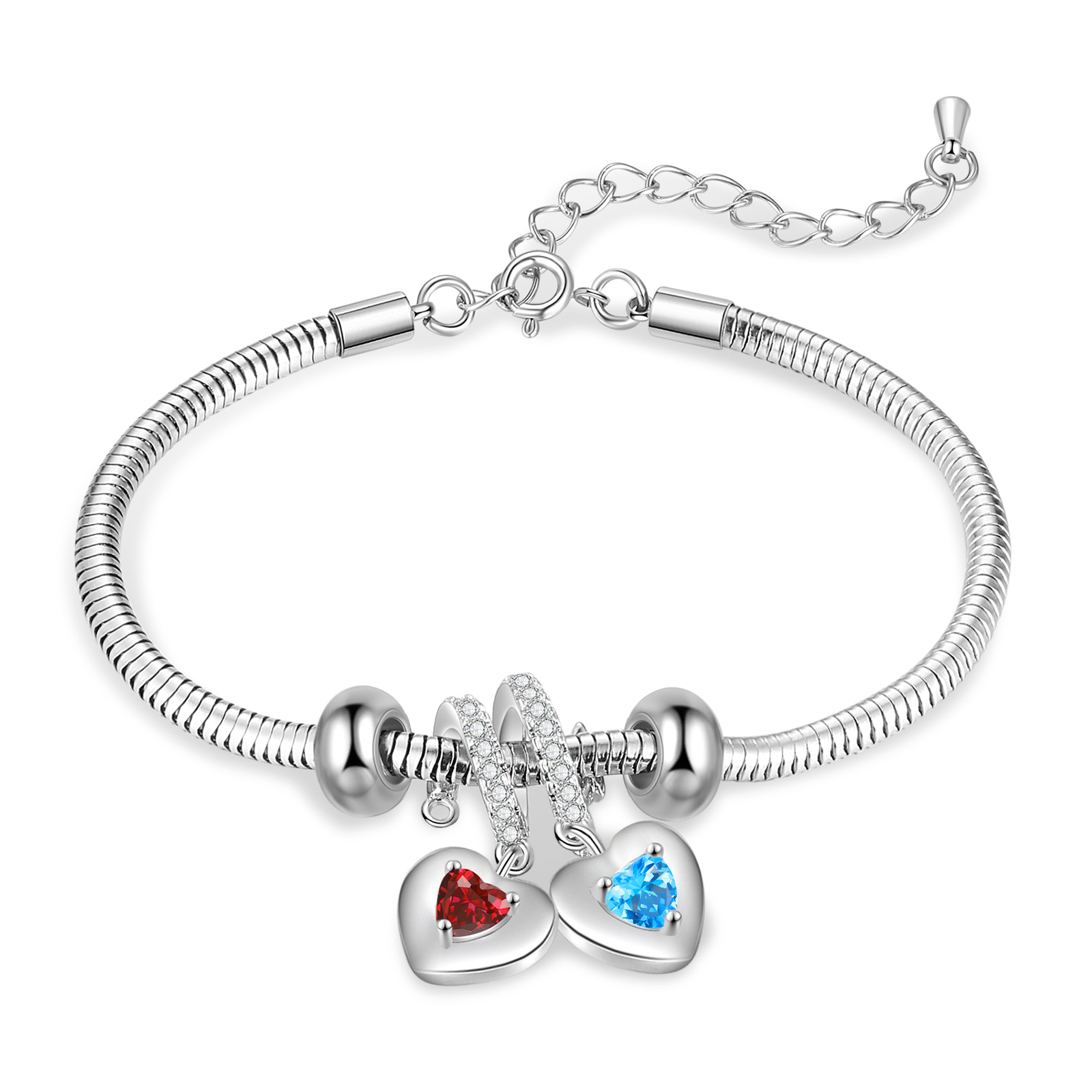 Personalized 2 Heart Birthstones Bracelet Adjustable Valentines Day Gift for Her