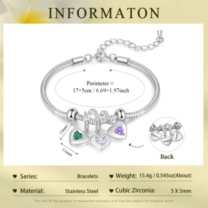 Personalized 3 Hearts and Birthstones Bracelet Adjustable Valentines Day Gift for Her