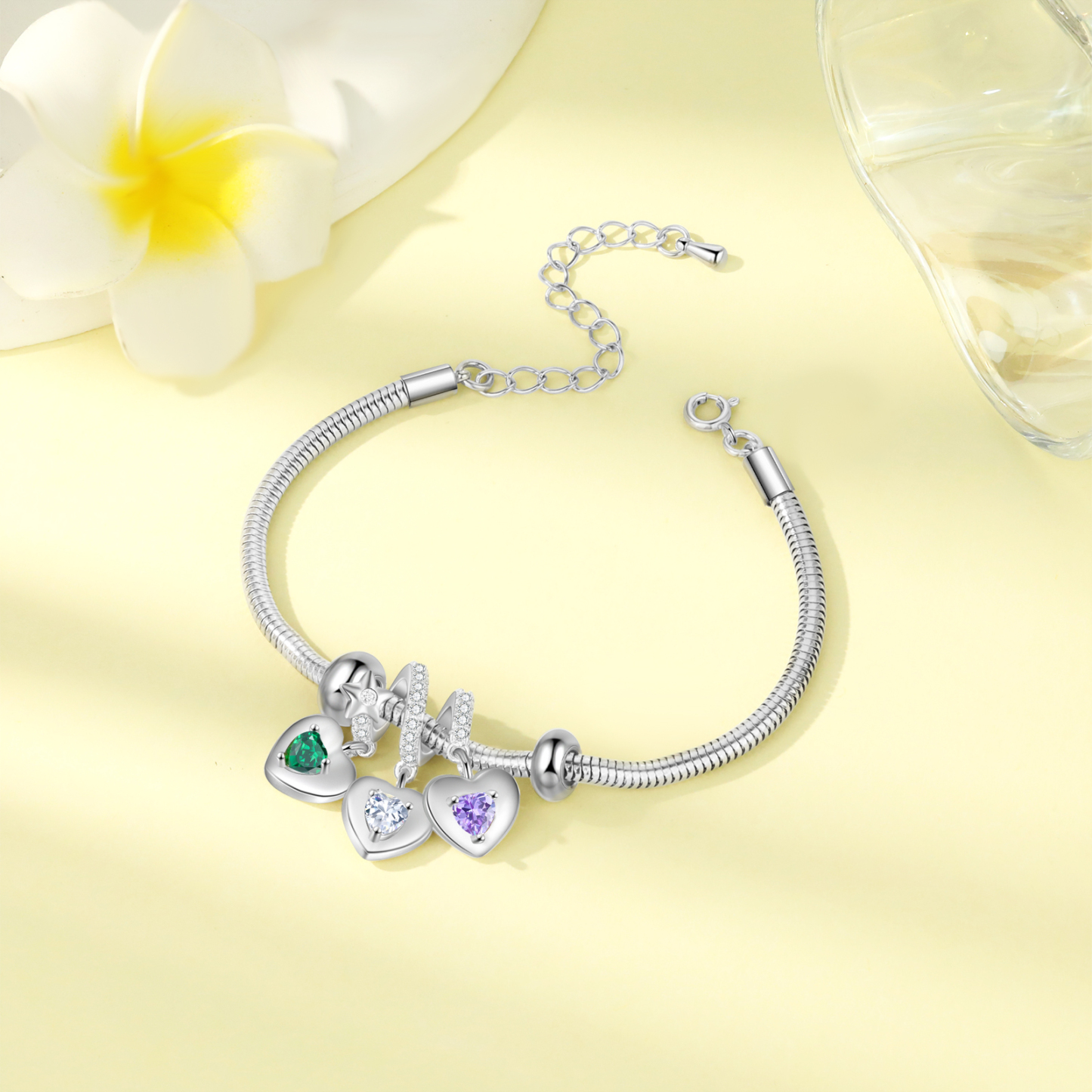 Personalized 3 Hearts and Birthstones Bracelet Adjustable Valentines Day Gift for Her