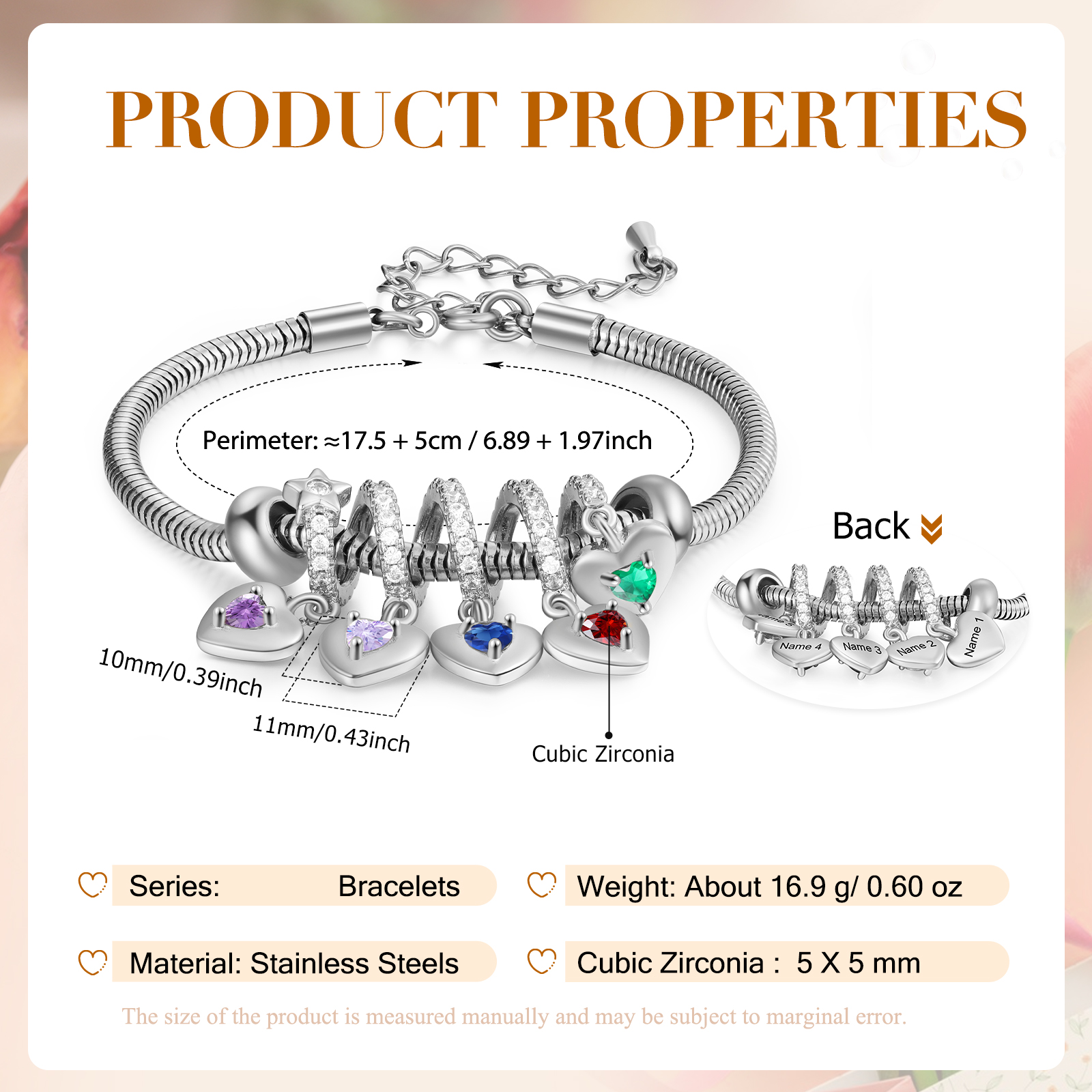 Personalised Women's Birthstone Bracelet �C Customised with 5 Names & 5 Birthstones, Heart Pendant Design, Special Gift for Her | Jessemade