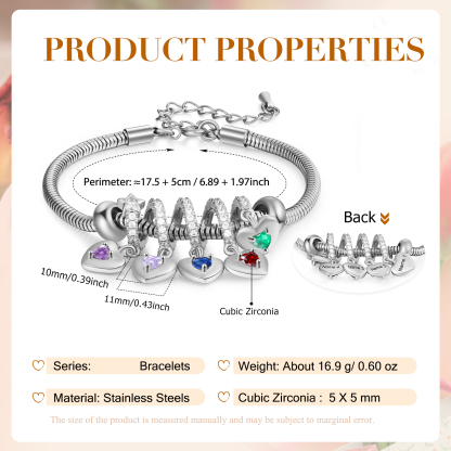 Personalised Women's Birthstone Bracelet �C Customised with 5 Names & 5 Birthstones, Heart Pendant Design, Special Gift for Her | Jessemade