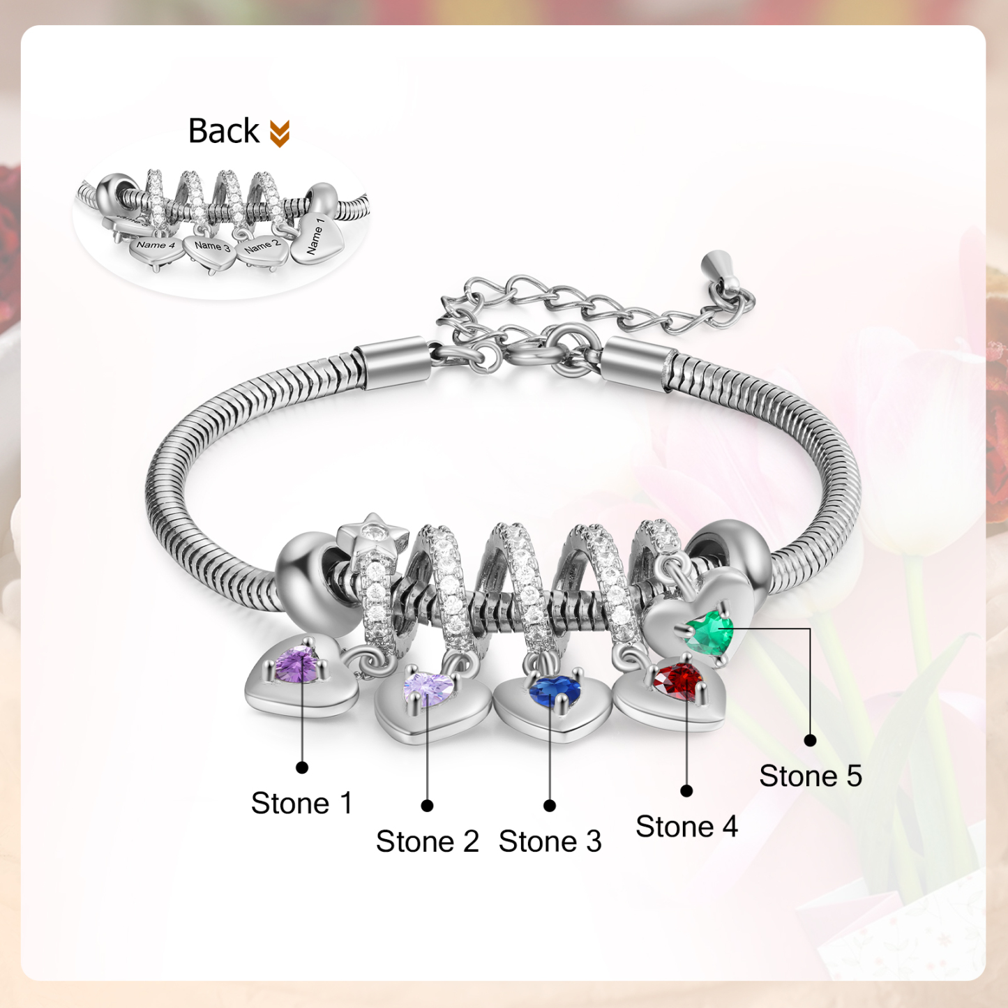 Personalised Women's Birthstone Bracelet �C Customised with 5 Names & 5 Birthstones, Heart Pendant Design, Special Gift for Her | Jessemade